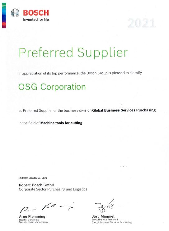 OSG Corporation is Preferred Supplier Bosch